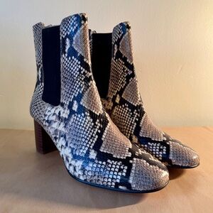New J Crew snake skin leather heeled boots, size 7.5